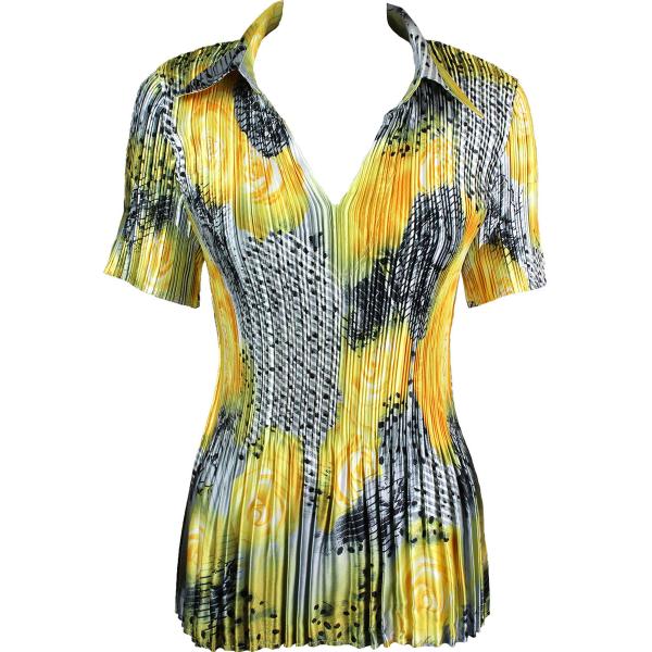 Wholesale 1149 - Satin Mini Pleats Half Sleeve with Collar Patchwork Swirl Yellow-Silver - One Size Fits Most