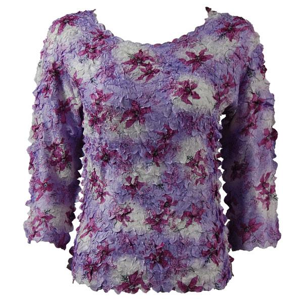 Wholesale 1155 - Petal Shirts - Three Quarter Sleeve Multi Purple Flowers - One Size Fits Most