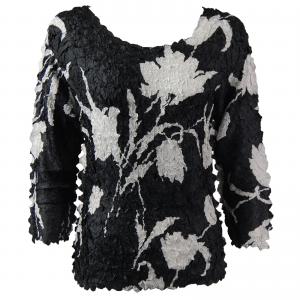 1155 - Petal Shirts - Three Quarter Sleeve White Tulips on Black - Queen Size Fits (XL-2X)