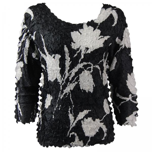 Wholesale 1155 - Petal Shirts - Three Quarter Sleeve White Tulips on Black - Queen Size Fits (XL-2X)