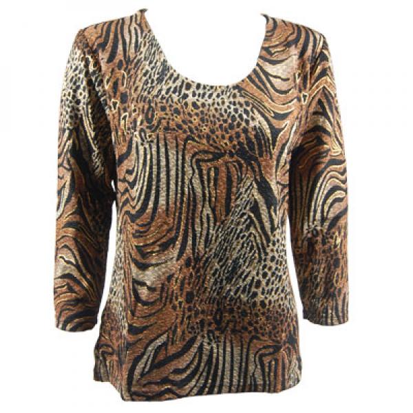 wholesale Slinky Travel Tops - Three Quarter Sleeve Animal Print with Brown and Gold Accent - One Size Fits Most