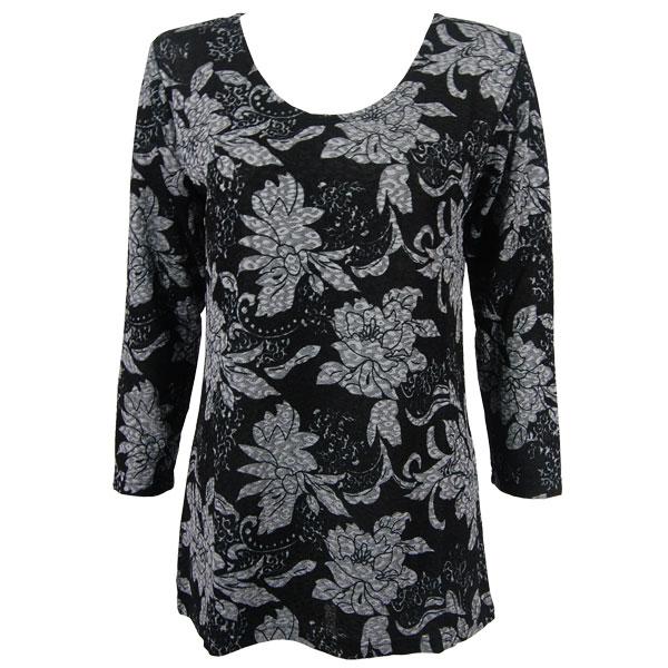 wholesale 1175 - Slinky Travel Tops - Three Quarter Sleeve Floral Silver on Black - One Size Fits Most