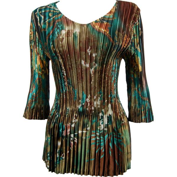 wholesale 1210 - Satin Mini Pleat 3/4 Sleeve V-Neck Abstract Lilies Copper-Teal Satin Mini Pleat - Three Quarter Sleeve V-Neck MB - One Size Fits Most