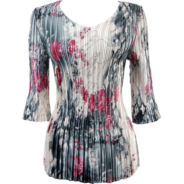 wholesale 1210 - Satin Mini Pleat 3/4 Sleeve V-Neck White-Black-Pink Floral * Satin Mini Pleat - Three Quarter Sleeve V-Neck - One Size Fits Most