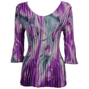 1210 - Satin Mini Pleat 3/4 Sleeve V-Neck Tulips Charcoal-Purple Satin Mini Pleat - Three Quarter Sleeve V-Neck - One Size Fits Most