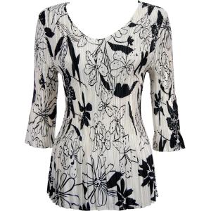 1210 - Satin Mini Pleat 3/4 Sleeve V-Neck Floral - Black on White Satin Mini Pleat - Three Quarter Sleeve V-Neck - One Size Fits Most