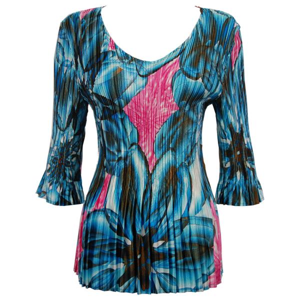 wholesale 1210 - Satin Mini Pleat 3/4 Sleeve V-Neck Blue-Pink Floral  - One Size Fits Most