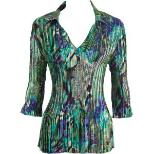 1211 - Satin Mini Pleats  3/4 Sleeve w/ Collar Butterfly Floral Green-Purple - One Size Fits Most