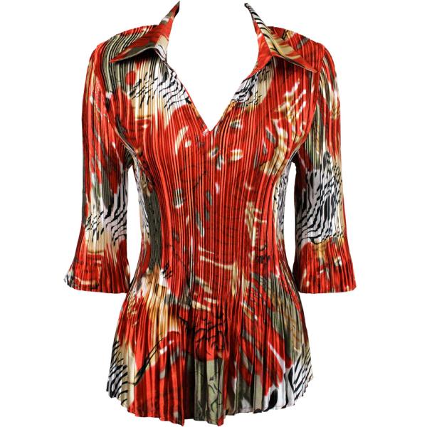 Wholesale 1211 - Satin Mini Pleats  3/4 Sleeve w/ Collar Abstract Zebra Red-Tan MB - One Size Fits Most