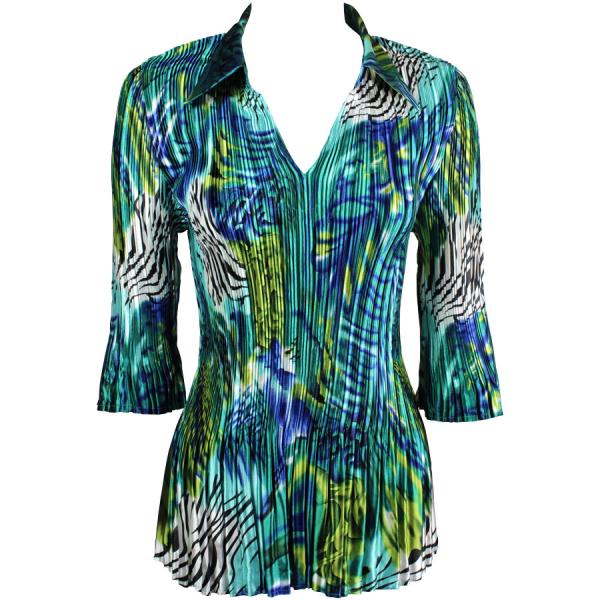 Wholesale 1211 - Satin Mini Pleats  3/4 Sleeve w/ Collar Abstract Zebra Blue-Green - One Size Fits Most