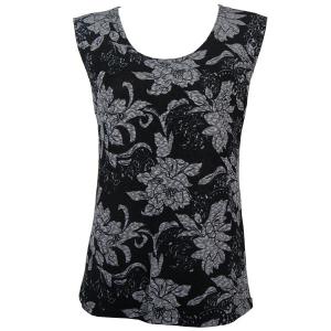 1246 - Sleeveless Slinky Tops  Floral Silver on Black - Plus Size Fits (XL-2X)