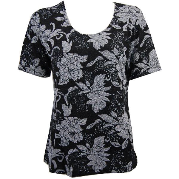 1247 - Short Sleeve Slinky Tops Floral Silver on Black - One Size Fits  (S-L)