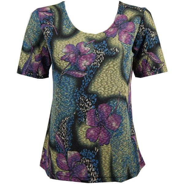 1247 - Short Sleeve Slinky Tops Hibiscus Blue - One Size Fits  (S-L)
