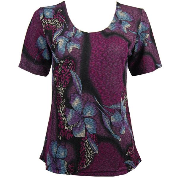 wholesale 1247 - Short Sleeve Slinky Tops Hibiscus Purple - One Size Fits  (S-L)