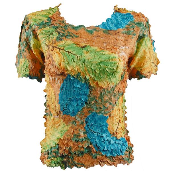 wholesale 1255 - Petal Shirts - Short Sleeve  1255 - Leaves Turquoise-Green-Copper<br>
Short Sleeve Petal Shirt - Queen Size Fits (XL-3X)
