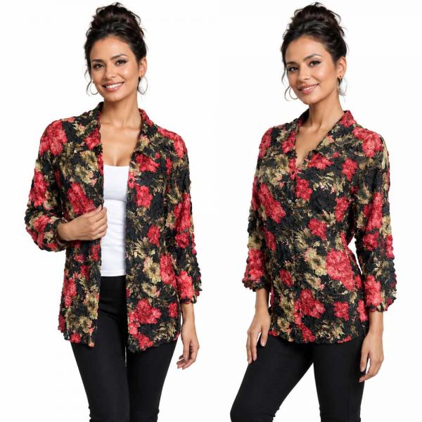 Wholesale 1258 - Petal  Blouses Coral Blossoms on Black - One Size (M/L)