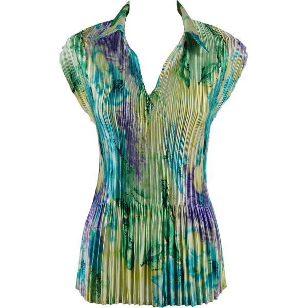 Wholesale 1519 - Satin Mini Pleat 3/4  Sleeve Dress Collar Blue-Purple-Yellow Watercolors Satin Mini Pleat - Cap Sleeve with Collar - One Size Fits Most