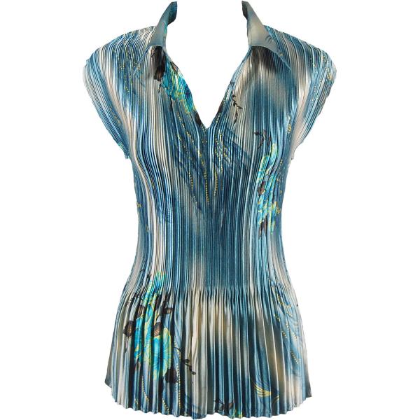 Wholesale 657 - Half Sleeve V-Neck Satin Mini Pleat Tops Marble Floral - Blue Satin Mini Pleat - Cap Sleeve with Collar - One Size Fits Most