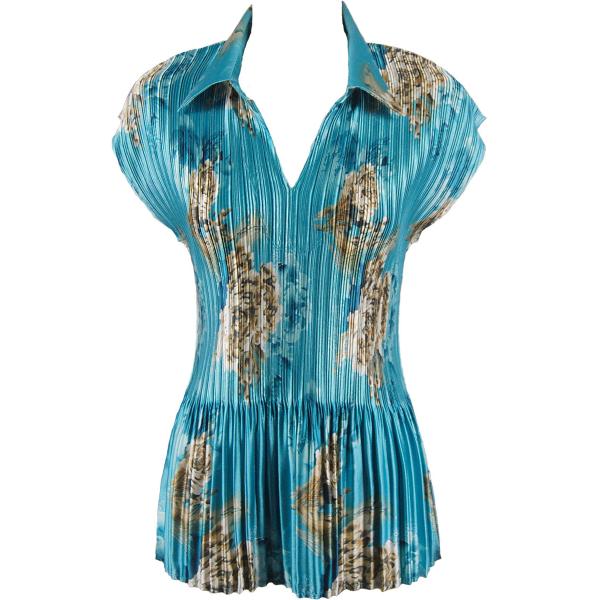 Wholesale 1148 - Satin Mini Pleats Blouses Taupe on Teal Satin Mini Pleat - Cap Sleeve with Collar - One Size Fits Most