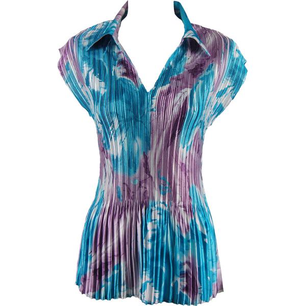Wholesale 657 - Half Sleeve V-Neck Satin Mini Pleat Tops Turquoise-Purple Watercolors Satin Mini Pleat - Cap Sleeve with Collar - One Size Fits Most