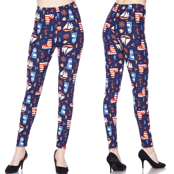 1284 - Leggings (Brushed Fiber Prints) L006 Lighthouse and Anchors Brushed Fiber Leggings - Ankle Length Print  - One Size Fits (S-L)