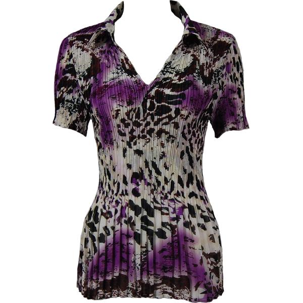 1289 -  Collared Georgette Mini Pleat Half Tops Reptile Floral - Purple - One Size Fits Most