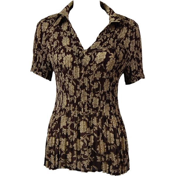 1289 -  Collared Georgette Mini Pleat Half Tops Floral Brown-Ivory - One Size Fits Most