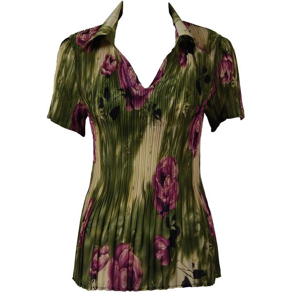 1289 -  Collared Georgette Mini Pleat Half Tops Roses Olive-Purple - One Size Fits Most