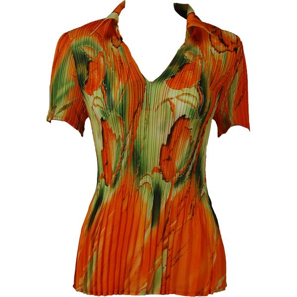 1289 -  Collared Georgette Mini Pleat Half Sleeve Tulips Green-Orange - One Size Fits Most