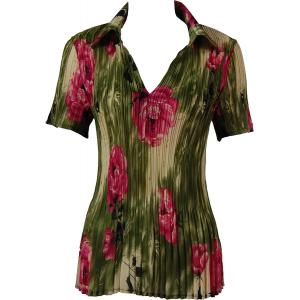 1289 -  Collared Georgette Mini Pleat Half Sleeve Roses Olive-Pink - One Size Fits Most