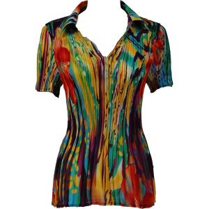 1289 -  Collared Georgette Mini Pleat Half Sleeve Abstract Floral - Rainbow - One Size Fits Most