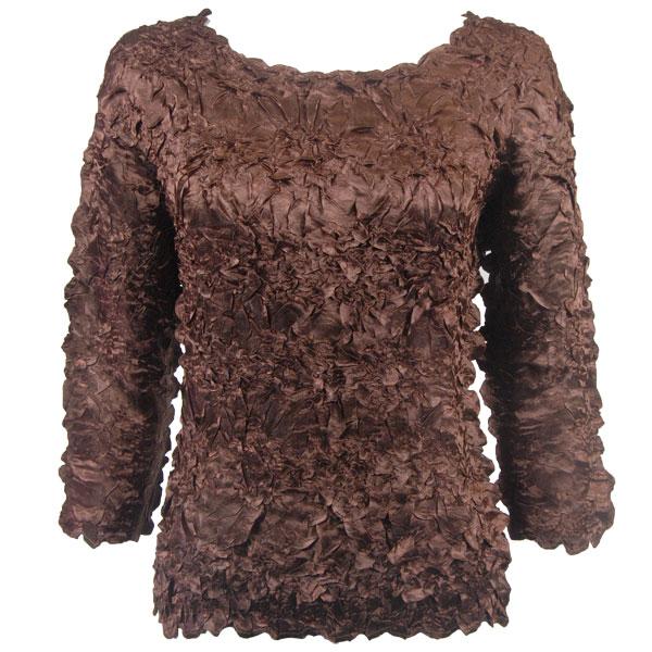 wholesale 1329 - Satin Origami Three Quarter Sleeve Tops Solid Chocolate (MB) - Queen Size Fits (XL-2X)