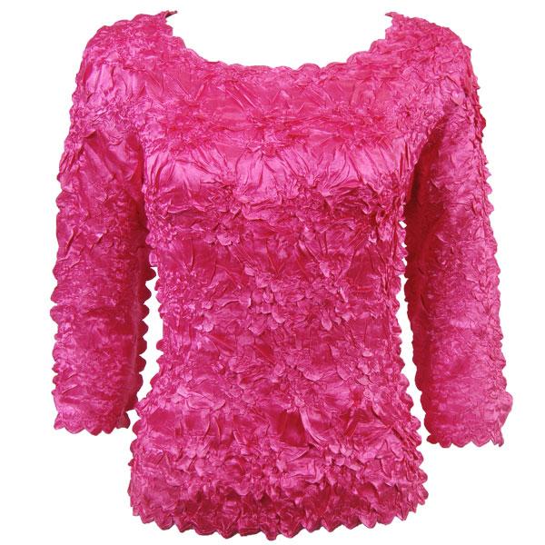 wholesale 1329 - Satin Origami Three Quarter Sleeve Tops Solid Fuchsia (MB) - Queen Size Fits (XL-2X)