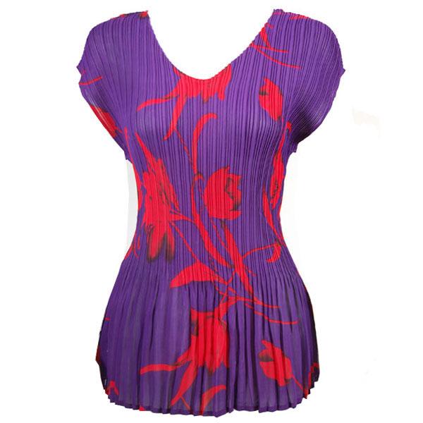 Overstock and Clearance Tops Georgette Mini Pleats Cap Sleeve V-Neck - Red Tulips on Purple - One Size Fits Most