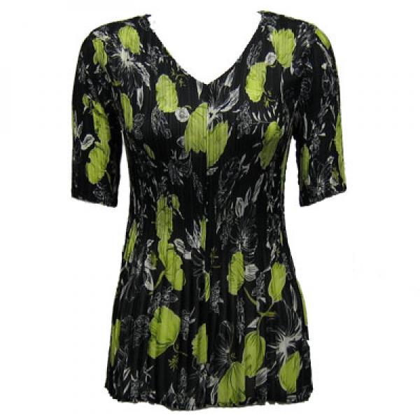 wholesale Overstock and Clearance Tops Georgette Mini Pleats Half Sleeve V-Neck - Black-Kiwi Floral - One Size Fits Most