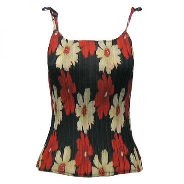 Overstock and Clearance Tops Georgette Mini Pleats - Spaghetti Tank -Hibiscus Red on Black - S-L