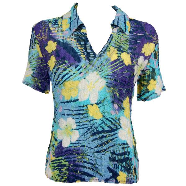 Overstock and Clearance Tops Magic Crush Georgette Short Sleeve with Collar - Blue-Purple Hawaiian - S-L
