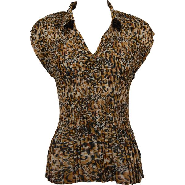 wholesale Overstock and Clearance Tops Georgette Mini Pleats - Cap Sleeve with Collar Leopard - S-XL