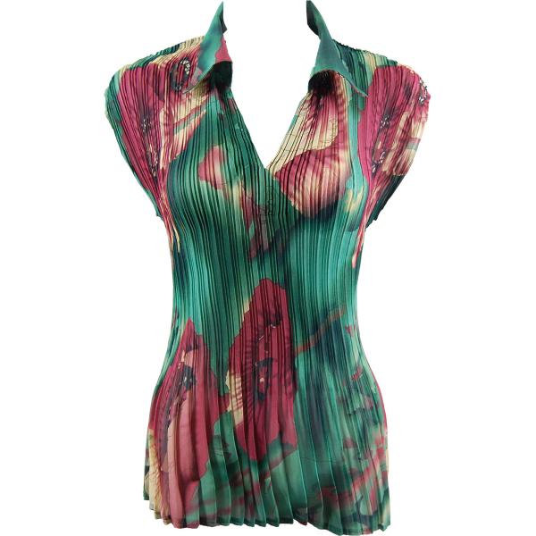 wholesale Overstock and Clearance Tops Georgette Mini Pleats - Cap Sleeve with Collar Poppies Green - S-XL