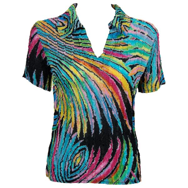 wholesale Bargain Basement Tops Sale Magic Crush Georgette - Short Sleeve with Collar Rainbow Swirl on Black - One Size Fits Most