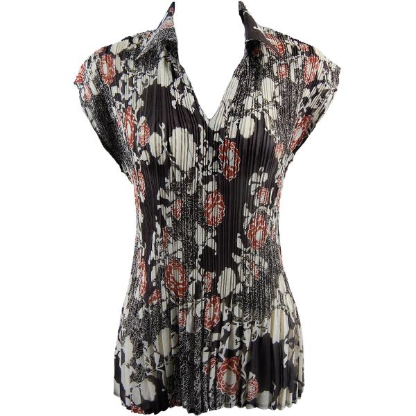 wholesale Bargain Basement Tops Sale Georgette Collared Mini Pleat Cap Sleeve<br> Chocolate/Ivory Floral<br>
<FONT COLOR=red>Pack Includes Six Pieces</font>  - One Size Fits (S-L)