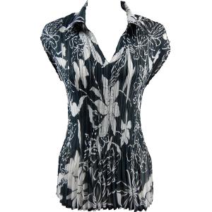 Wholesale Bargain Basement Tops Sale Georgette Collared Mini Pleat Cap Sleeve<br> Floral White on Black<br>
<FONT COLOR=red>Pack Includes Six Pieces</font>  - ONE SIZE FITS (S-L)