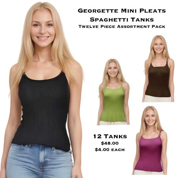 wholesale For Fairs, Festivals, Flea Markets & Beyond  Georgette Mini Pleat Spaghetti Tanks <br>
12 Piece Assortment Pack - One Size Fits Most