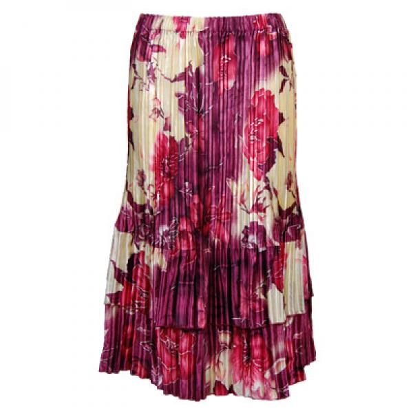 wholesale Overstock and Clearance Skirts, Pants, & Dresses  Satin Mini Pleat Tiered Skirt - Rose Floral Berry - S-XL