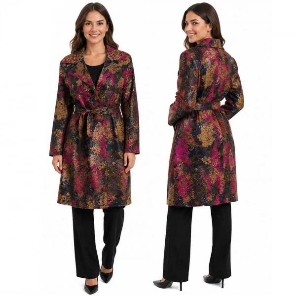 wholesale 1362 - Satin Crushed Trench Coat w/ Belt P09 <br> 
Floral - Navy-Taupe-Magenta - S