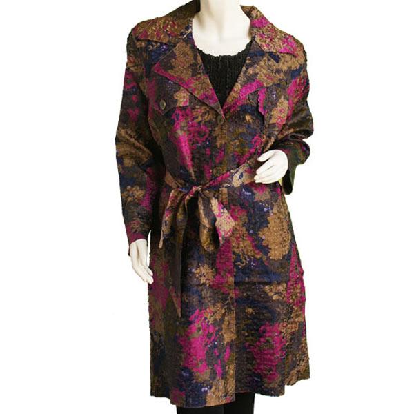 1362 - Satin Crushed Trench Coat w/ Belt Floral - Navy-Taupe-Magenta - M-L