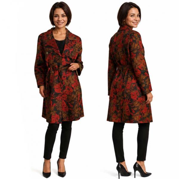 wholesale 1362 - Satin Crushed Trench Coat w/ Belt P01<br>
Floral - Red-Black-Taupe - M-L