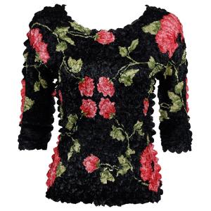 1382 - Satin Petal Shirts - Three Quarter Sleeve Black with Roses - One Size Fits Most