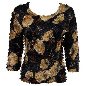 1382 - Satin Petal Shirts - Three Quarter Sleeve Black with Gold Leaves - One Size Fits Most