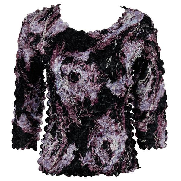 Wholesale 1382 - Satin Petal Shirts - Three Quarter Sleeve Brushstrokes Black-Purple - One Size Fits Most